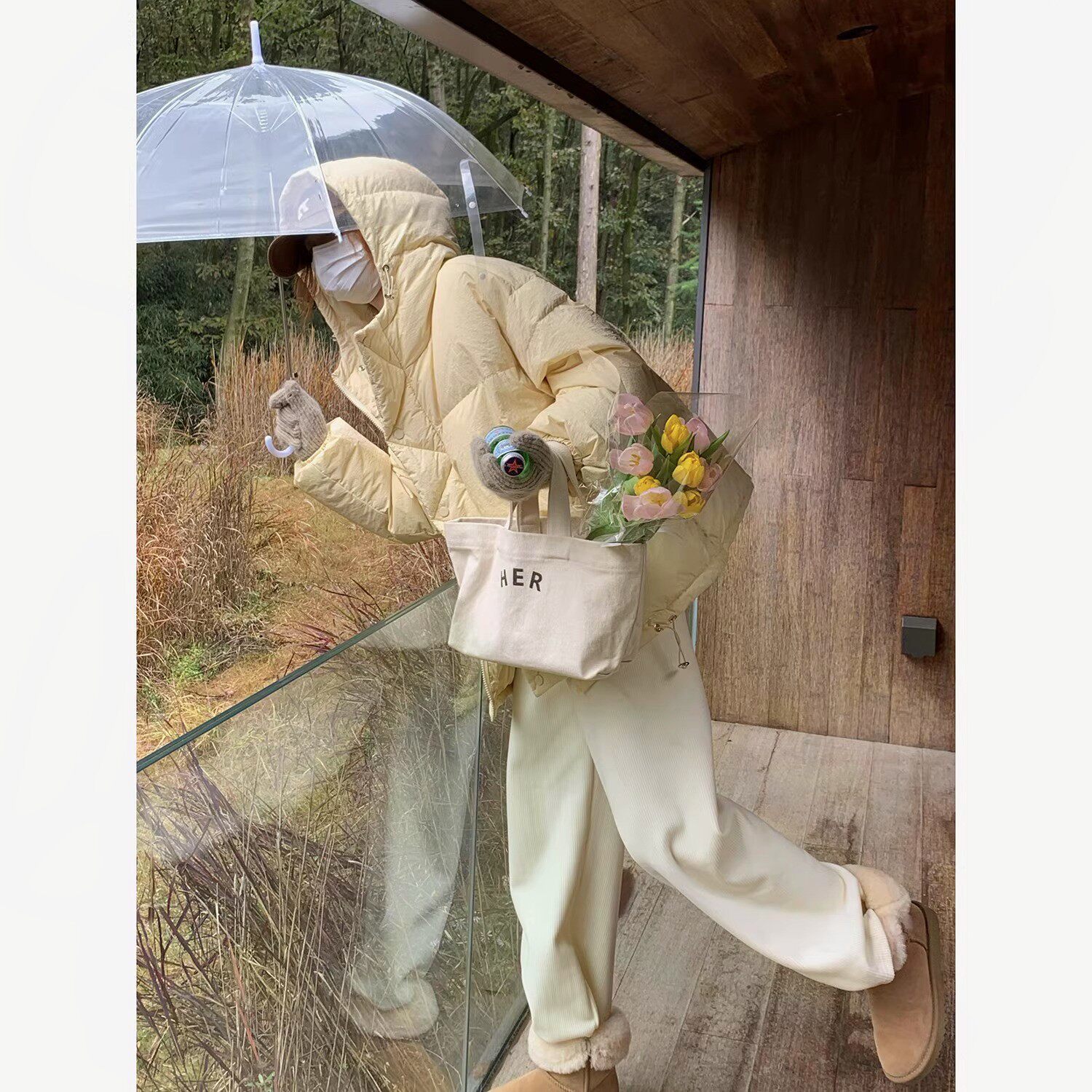 米花家蜜瓜色长款黄色短款羽绒服白裤子