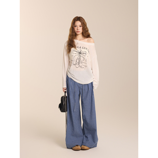 米花家【英格丽德】深蓝色格纹休闲裤女夏季宽松慵懒阔腿直筒裤子