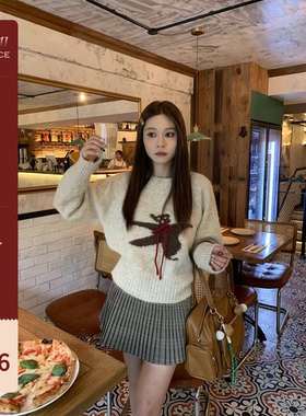 米花家  【BC恋人】韩版元气小熊圆领毛衣女2024秋冬新款减龄上衣