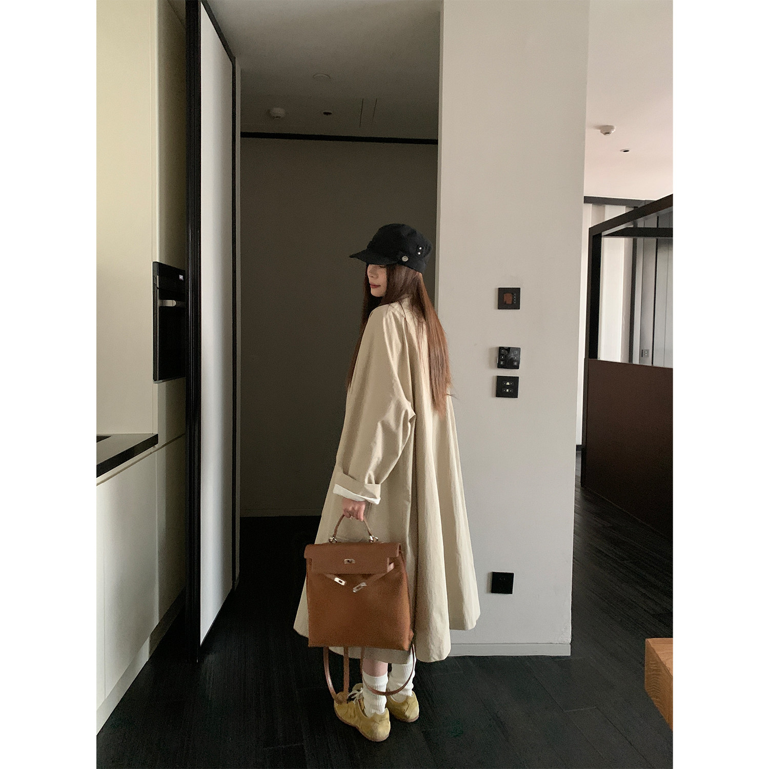 米花家【晨昏线】卡其色立领风衣外套女春季长短款高级感大衣图片