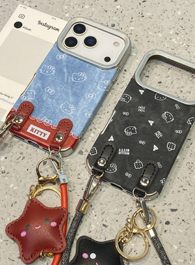 韩系可爱复古黑色牛仔kt猫适用于苹果17promax手机壳iphone16保护套14挂绳13少女新款15pro超火max个性手机套