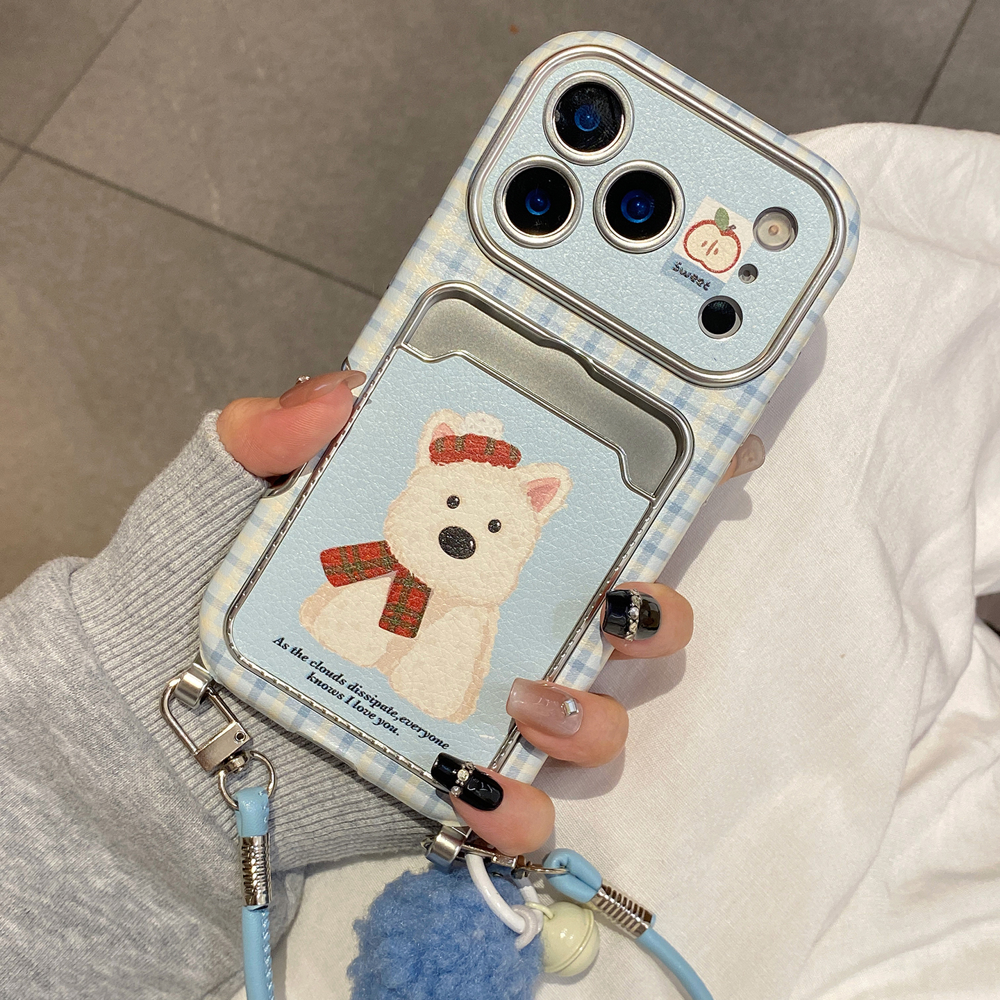 可爱蓝格纹西高地卡包适用于苹果17pro手机壳iphone16保护套14带挂绳13大视窗新款15promax全包max手机套高级