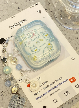 ins蓝色线条猫咪适用airpods4保护套airpod3苹果pro耳机壳二代无线蓝牙三代aipods2代带挂饰airpodpro四代女