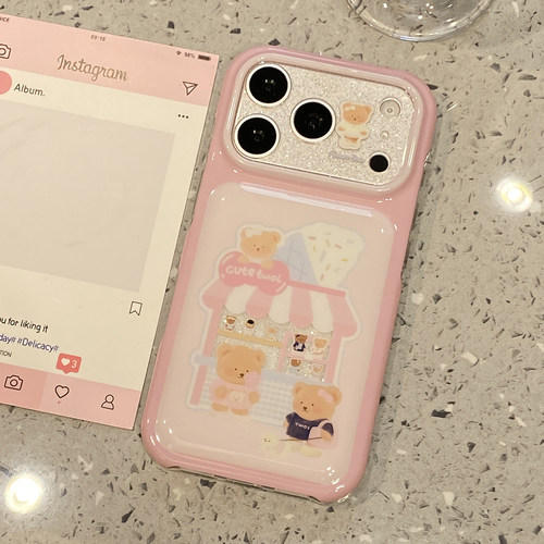 可爱粉底小熊插画适用于苹果17pro手机壳iphone16promax保护套15新款17pm超好看巨好看高级感女全包防摔超火