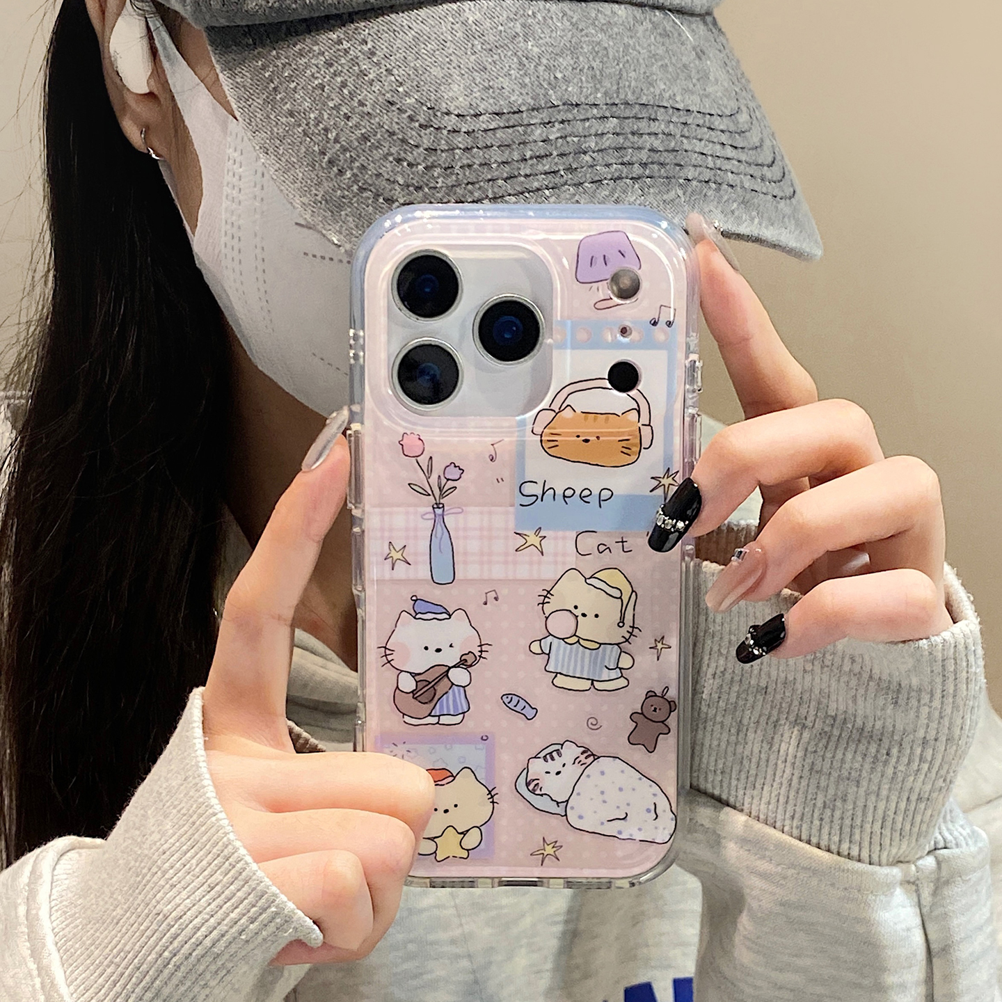 日韩可爱粉底睡衣猫咪适用于苹果15手机壳iphone16保护套14全包13新款17promax超好看16pro创意max少女手机套
