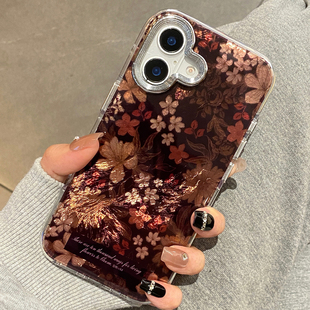 ins秋冬复古棕色枯萎花朵适用于苹果17promax手机壳iphone15保护套14防摔13全包新款小众16pro高级max手机套p