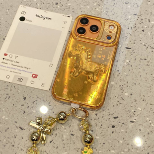 新中式金底百福图马上有钱小马适用于iphone17promax手机壳苹果15保护套14国潮13新款16pro带手链max手机套软