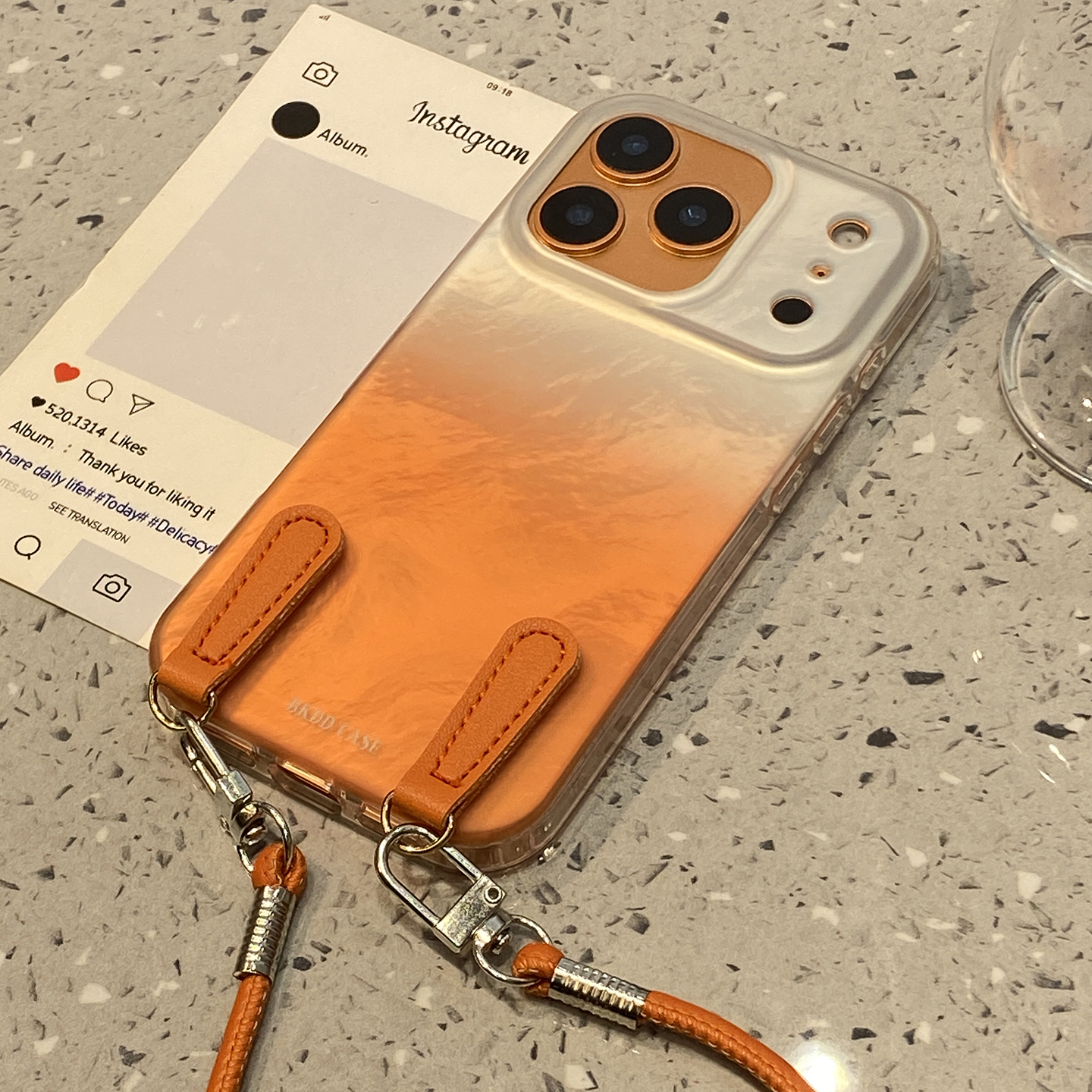 ins高级感冰川纹渐变橙色适用于苹果15手机壳iphone16p保护套14防摔13新款17promax全包16pro带挂绳max手机套