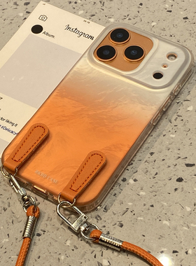 ins高级感冰川纹渐变橙色适用于苹果15手机壳iphone16p保护套14防摔13新款17promax全包16pro带挂绳max手机套