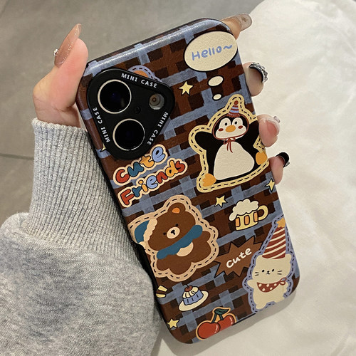 日韩可爱蓝棕格纹小熊动物适用于iphone16pro手机壳苹果16保护套14防摔13硅胶新款15promax小众max手机套超火