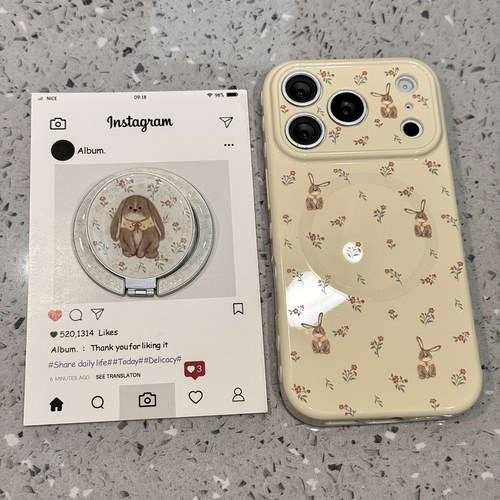 韩系ins卡通可爱碎花兔子适用于iphone17promax手机壳苹果16保护套14磁吸带支架13新款15pro巨好看max手机套