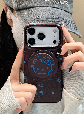 韩风ins豹纹蓝色kt猫适用于iphone15手机壳苹果16保护套14磁吸支架13新款17promax女16pro个性max手机套外壳
