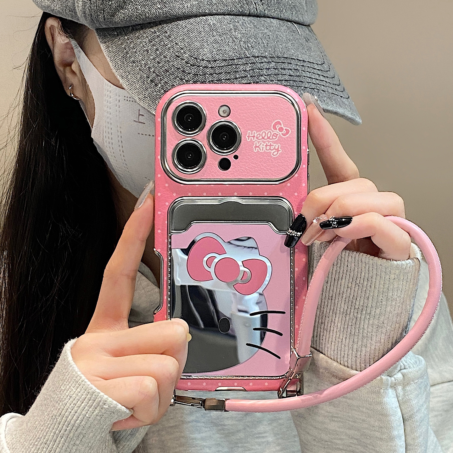 可爱少女粉波点镜面kt猫适用于苹果17pro手机壳iphone16保护套14挂绳13防摔新款15promax卡包max不撞款手机套