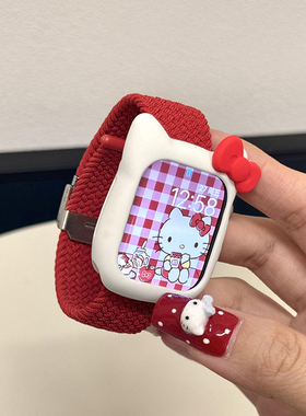 红色KT猫秋冬编织适用iwatch10苹果手表applewatch9表带s10可爱s8s7磁吸Ultra2新款45SE简约s6女款S9红色小众