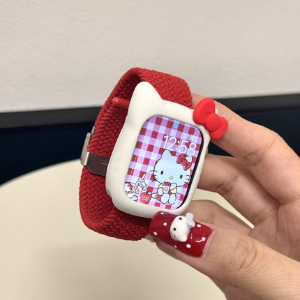 红色KT猫秋冬编织适用iwatch10苹果手表applewatch9表带s10可爱s8s7磁吸Ultra2新款45SE简约s6女款S9红色小众