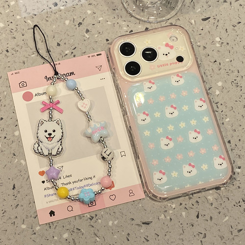 日韩ins峰可爱花朵蝴蝶结小狗带手链适用于适用于苹果18pro手机壳iphone17promax保护套16新款15全包防摔超火