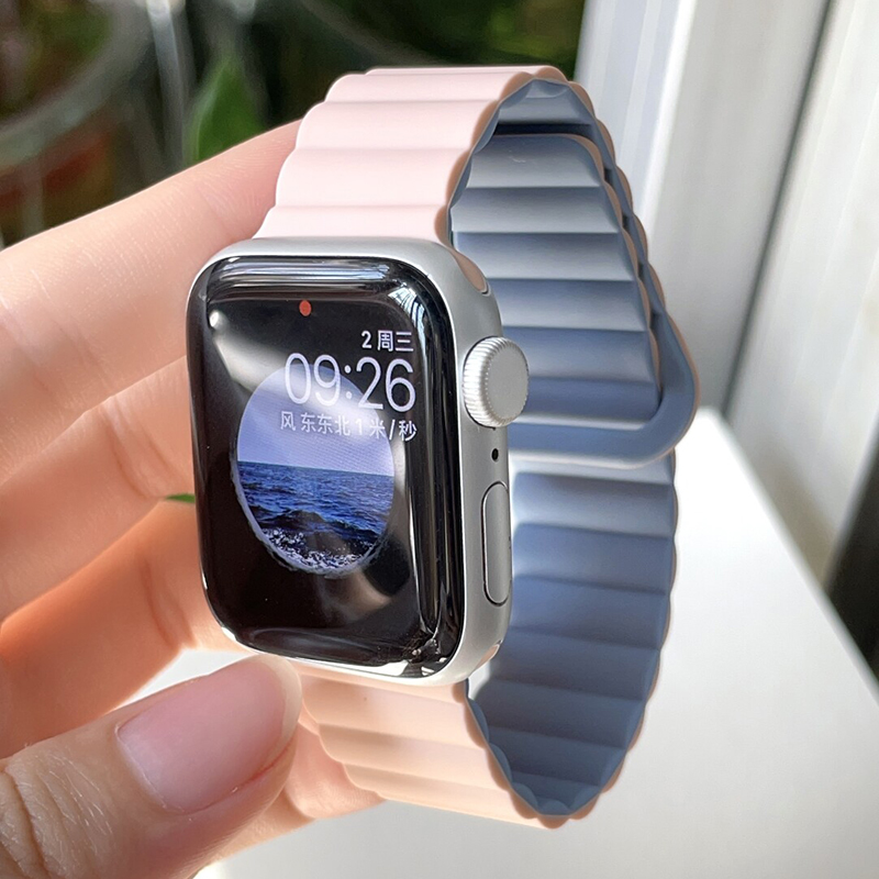 撞色硅胶磁吸表带适用iwatc10苹果S9手表applewatch8/76表带情侣透气运动双色小蛮腰新款ultra男女款高级创意