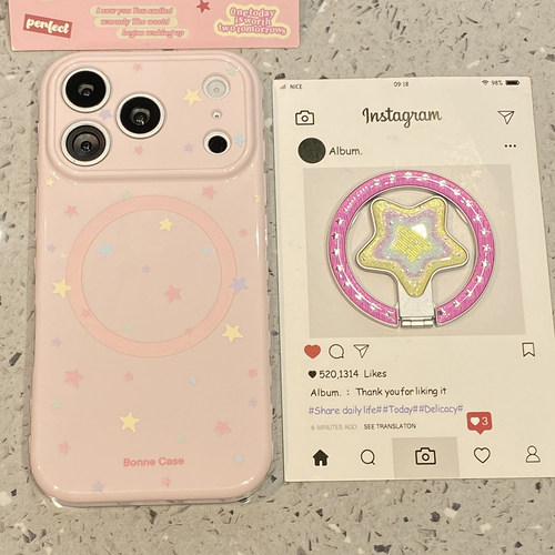 韩系ins粉底鎏金星星适用于苹果15手机壳iphone14保护套13新款17promax磁吸支架16pro全包max超漂亮手机套女