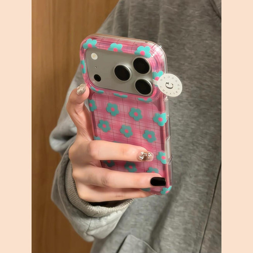 韩系ins透粉格纹花朵适用于苹果17promax手机壳iphone16pro保护套15/14/13新款17pm超好看独特i巨好看高级感