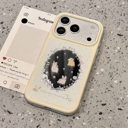 可爱补妆镜面碎花兔子适用于苹果17手机壳iphone15promax保护套14超好看13新款16pm女款高级感小众春夏手机套