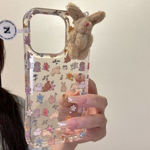 韩系ins满屏碎花立体毛绒兔子适用于iphone15手机壳苹果16保护套14防摔13新款17promax女16pro个性max手机套p