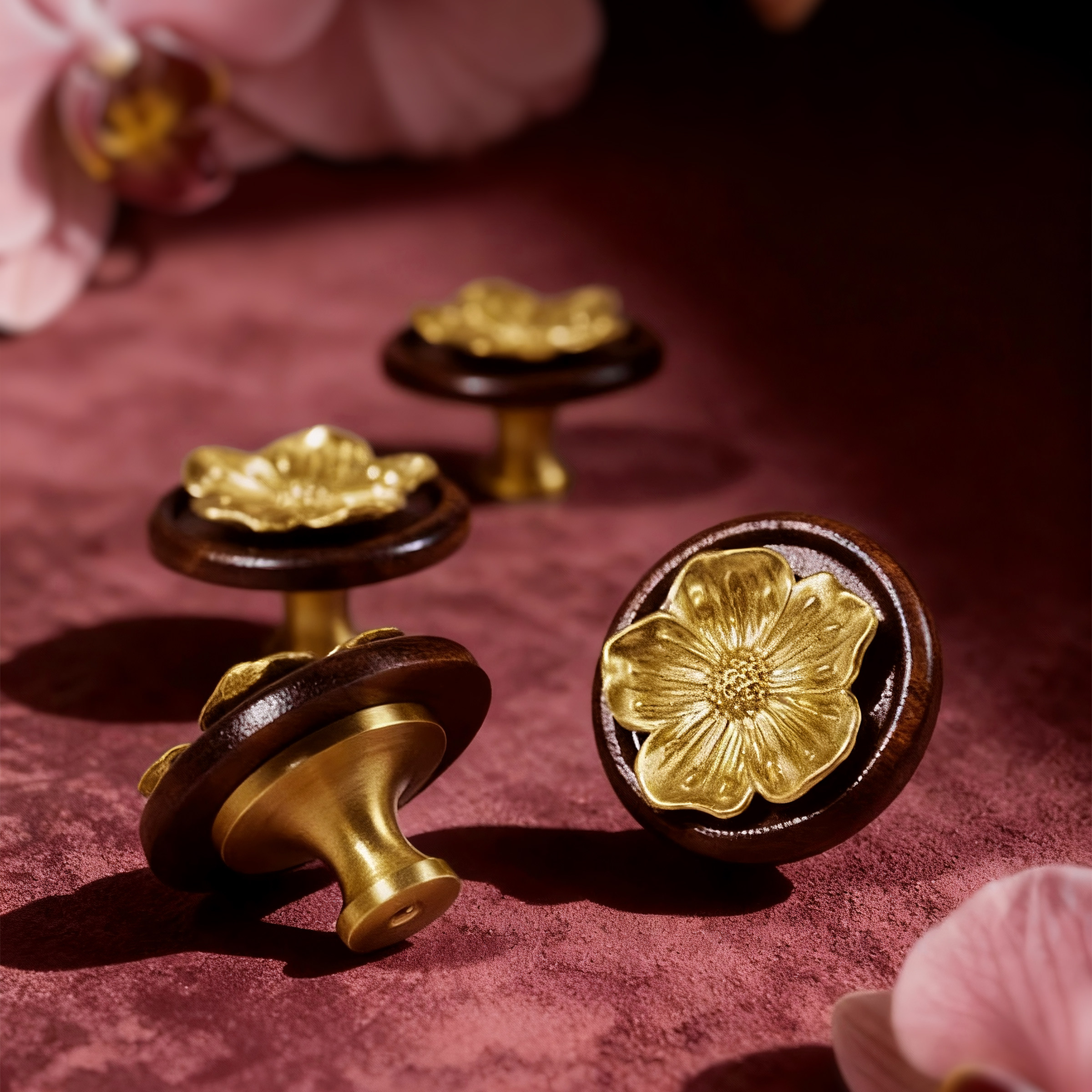 不止铜匠胡桃木圆形柜门拉手法式中古风黄铜金色桃花装饰抽屉把手