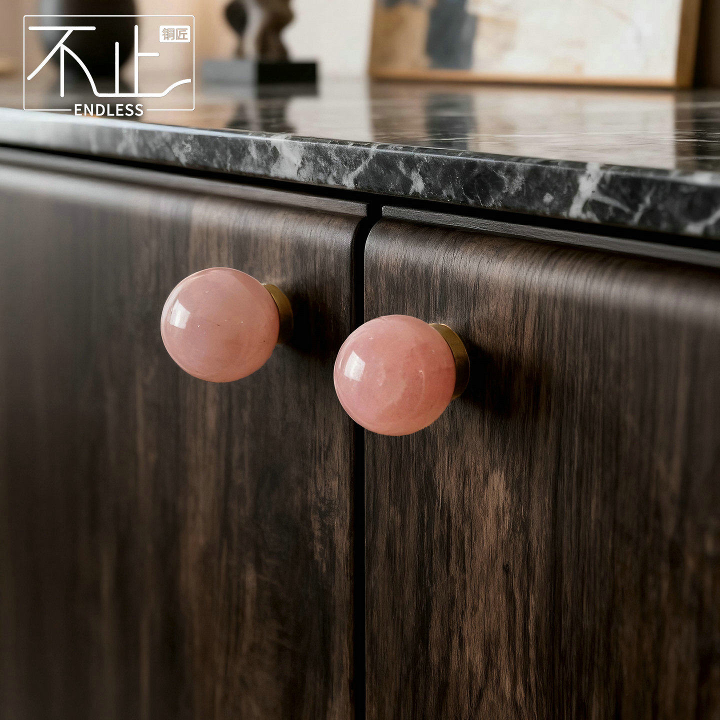 不止铜匠天然粉水晶黄铜圆球拉手现代简约抽屉柜门把手明装设计感