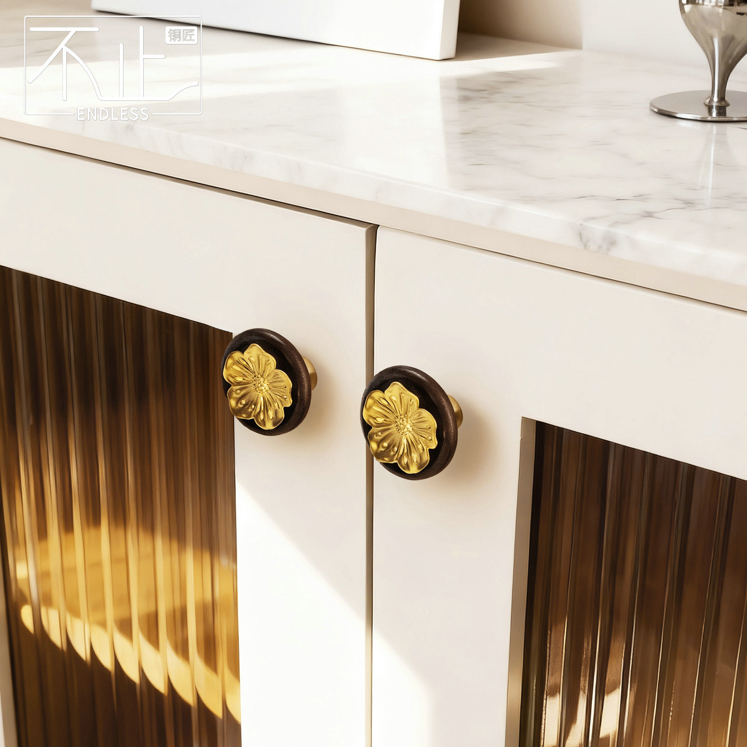 专利款！不止铜匠复古风胡桃木圆形拉手金色桃花装饰柜门抽屉把手