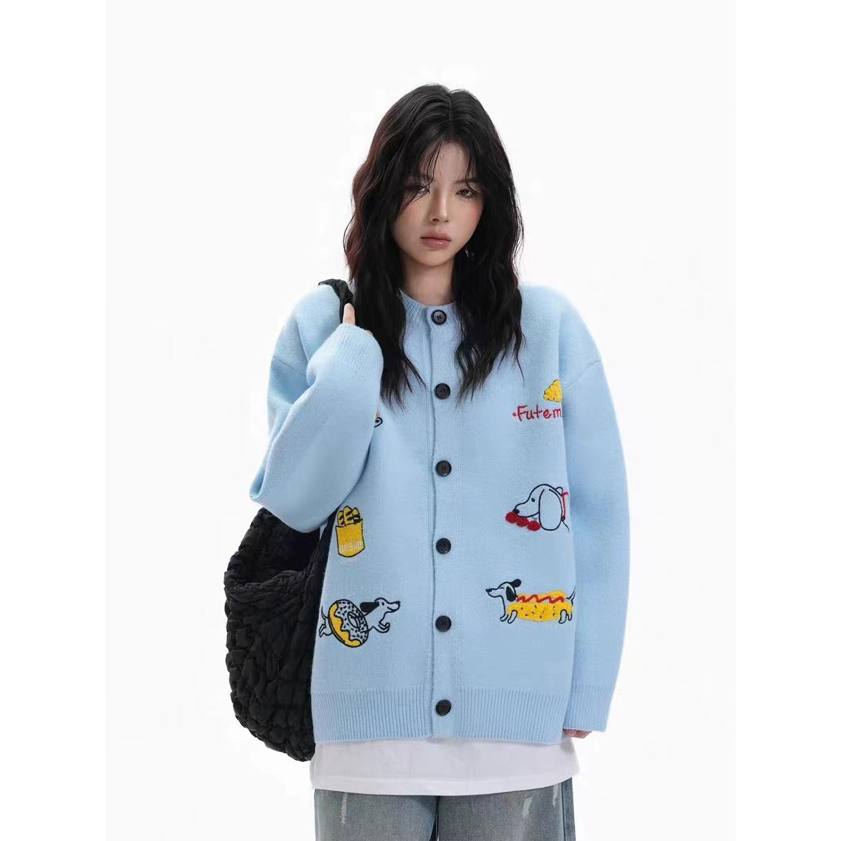 美式复古童趣卡通小狗提花开衫毛衣女宽松针织衫外套