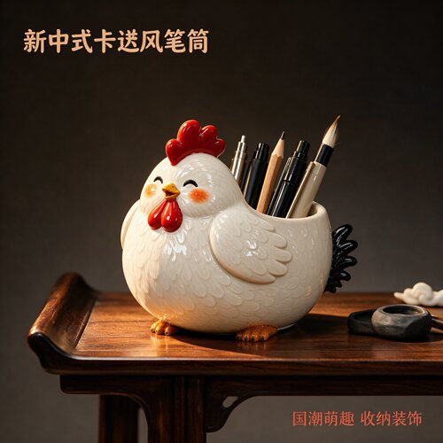 创意公鸡中式招财大容量笔筒