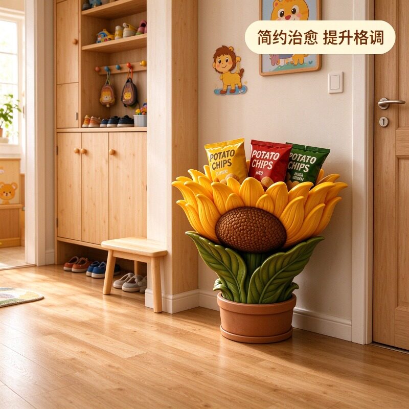 客厅沙发旁落地向日葵零食收纳置物架创意摆件薯片零食存放桶礼物
