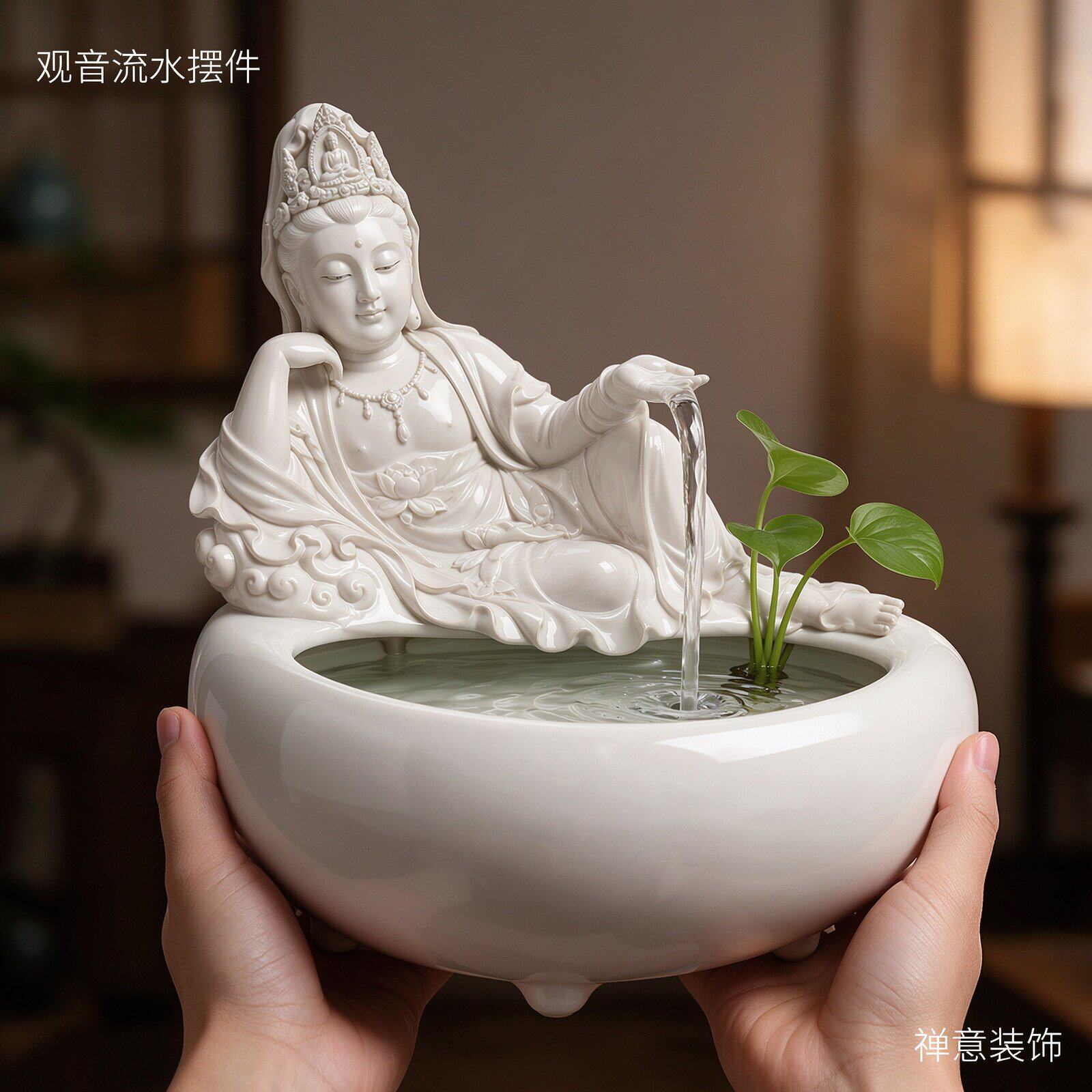 中式自在观音流水摆件小型桌面循环水景茶室博古架禅意佛像加湿器