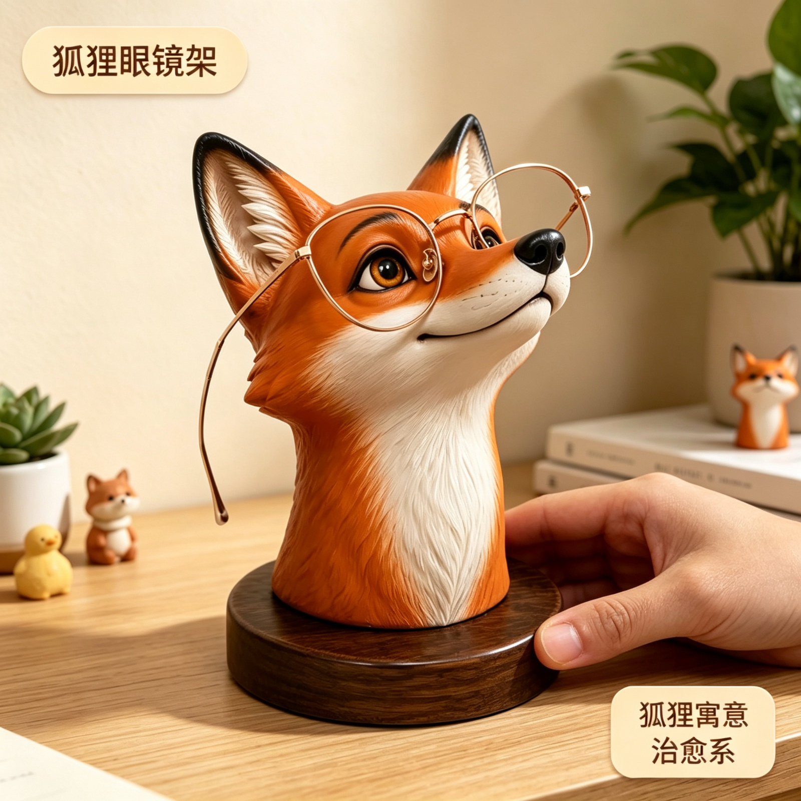 治愈系卡通小狐狸工位眼镜防刮花支撑架卧室多功能展示架底座摆件