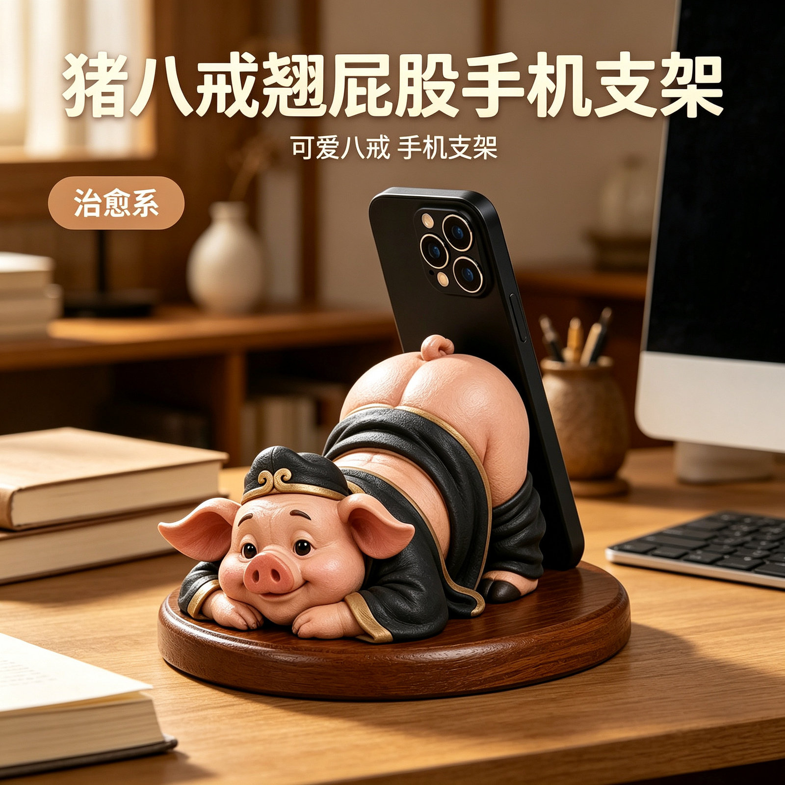 治愈系宿舍书桌学习支架底座猪八戒造型稳固不晃ipad支撑桌面摆件图片