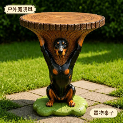 户外庭院杜宾犬茶几树桩圆盘台面边几沙发旁创意狗狗落地装饰摆件