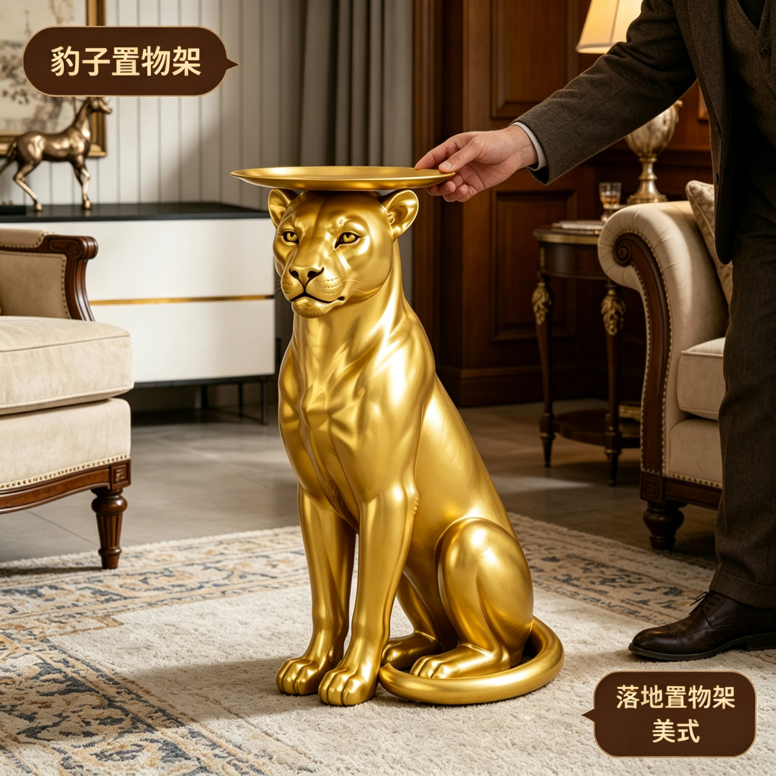 金色坐豹落地店铺开业礼物带托盘轻奢客厅边几玄关钥匙置物架摆件