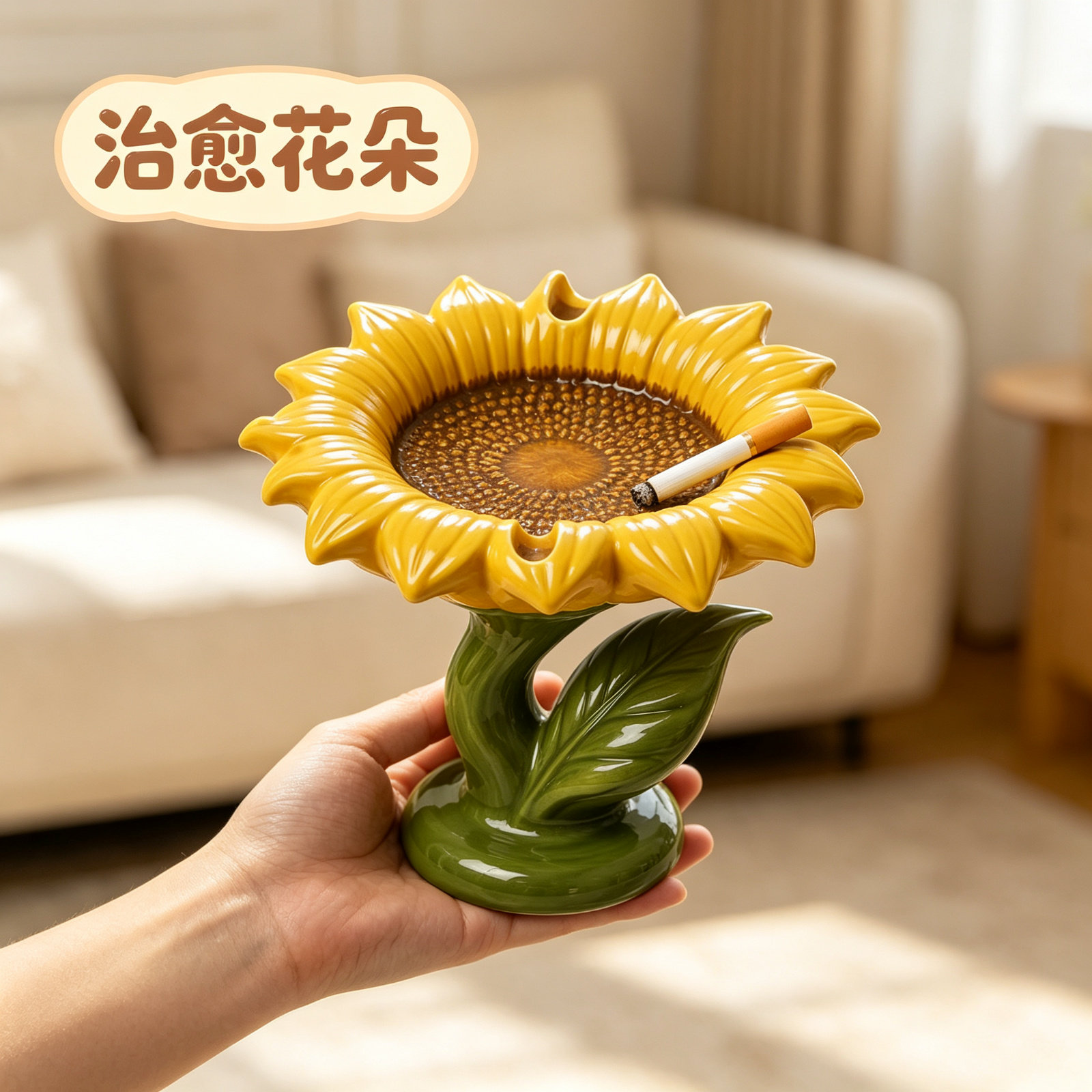 家居软装治愈系向日葵烟灰缸客厅茶几家用个性实用烟灰缸男士摆件