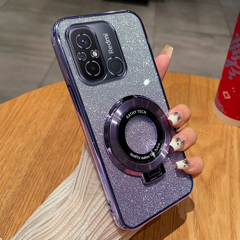 红米12c手机壳高级感时尚渐变闪粉软壳redmi12新款创意磁吸支架超薄可爱防摔小米简约全包个性奢华保护适用于