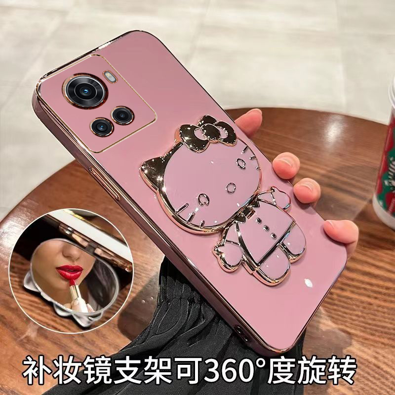 一加ACE手机壳可爱猫支架oneplusACE时尚补妆镜面保护套PGKM10全包防摔网红卡通创意新款镜子奢华高级适用于