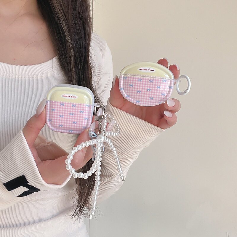 韩系粉格子蝴蝶结适用华为freeclip2蓝牙freebudspro5耳机壳7i保护套se4少女风Pro3Pro4软壳5i6i充电仓se2se3