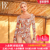 BE范德安花漾系列分体泳衣女士长袖 防晒显瘦气质方领微胖遮肉高级