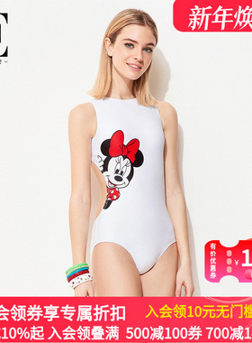 BE范德安连体三角泳衣女白红色卡通可爱性感莱卡面料露背时尚泳衣