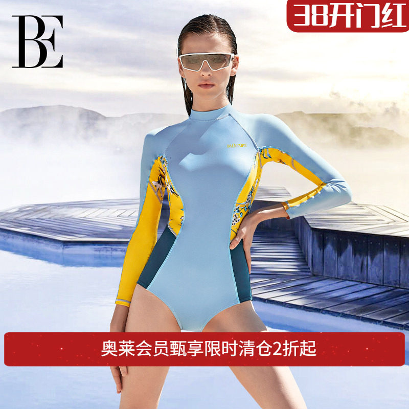 BE范德安连体三角长袖泳衣女防晒显瘦度假冲浪泳衣潜水滑雪速干衣
