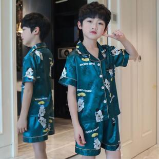 儿童睡衣男女童夏季短袖冰丝带眼罩薄款中大童小孩家居服宝宝套装