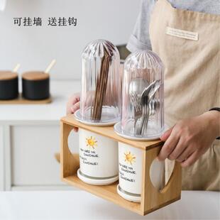 陶瓷筷子筒竹木底座防尘防霉筷筒沥水筷笼有盖筷子篓大号筷子筒