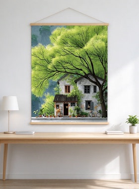 青山层叠山林油画挂画 原木卷轴 客厅玄关自然风景装饰画