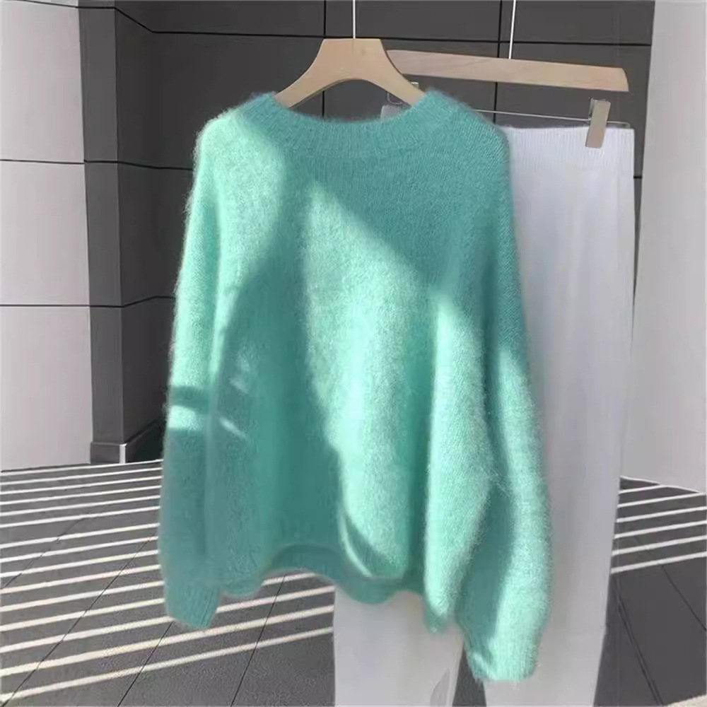 马海毛绿色毛绒绒加厚毛衣女秋冬宽松慵懒风奶fufu加厚冬季针织衫