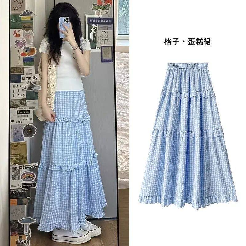 蓝色温柔小清新格子半身裙女秋季2025新款高腰a字裙中长款蛋糕裙
