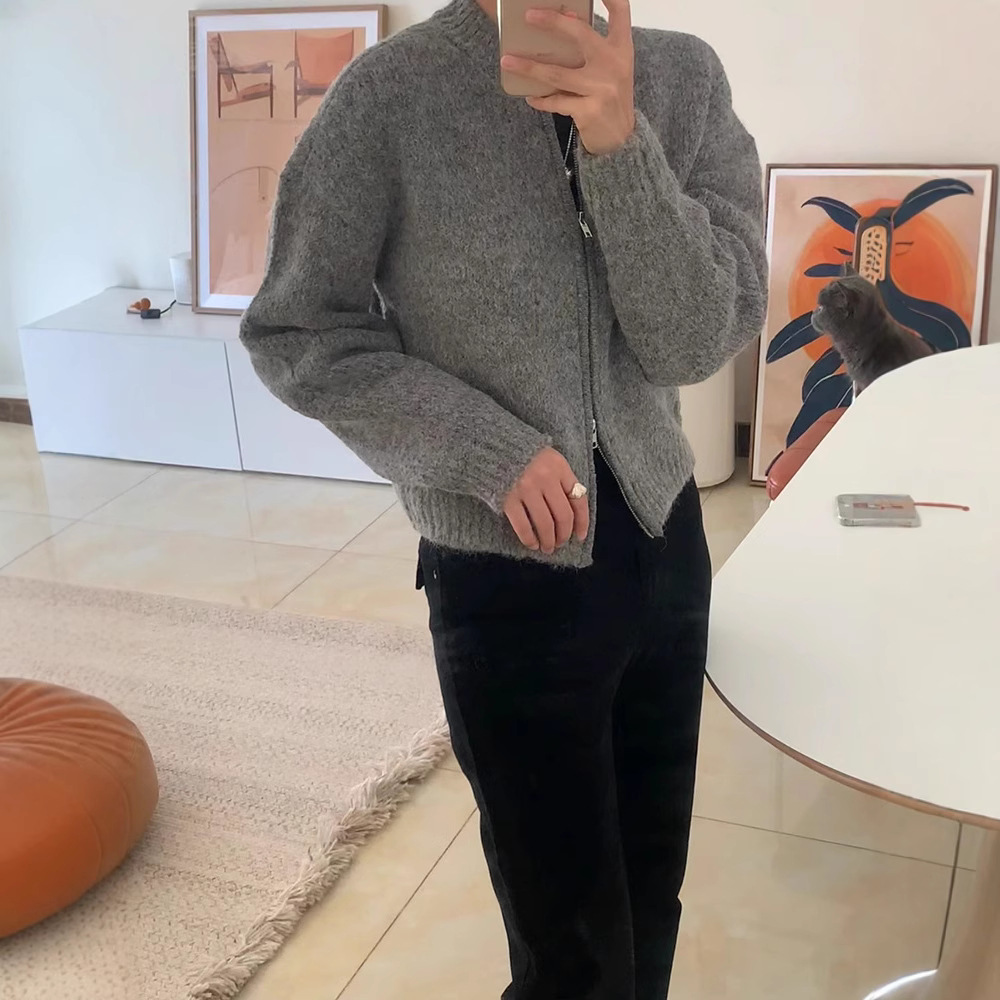 现货 羊驼毛圆领拉链针织开衫2025春季韩系东大门毛衣low class*