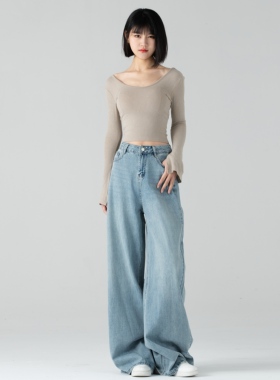 2025新高个子女生加长浅蓝色显瘦高腰宽松遮胯拖地牛仔裤阔腿裤子